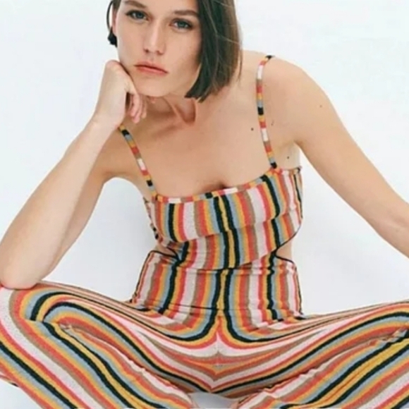 Zara Retro Rainbow Knit Wide-leg Jumpsuit with Side Cutouts Large - Picture 3 of 10